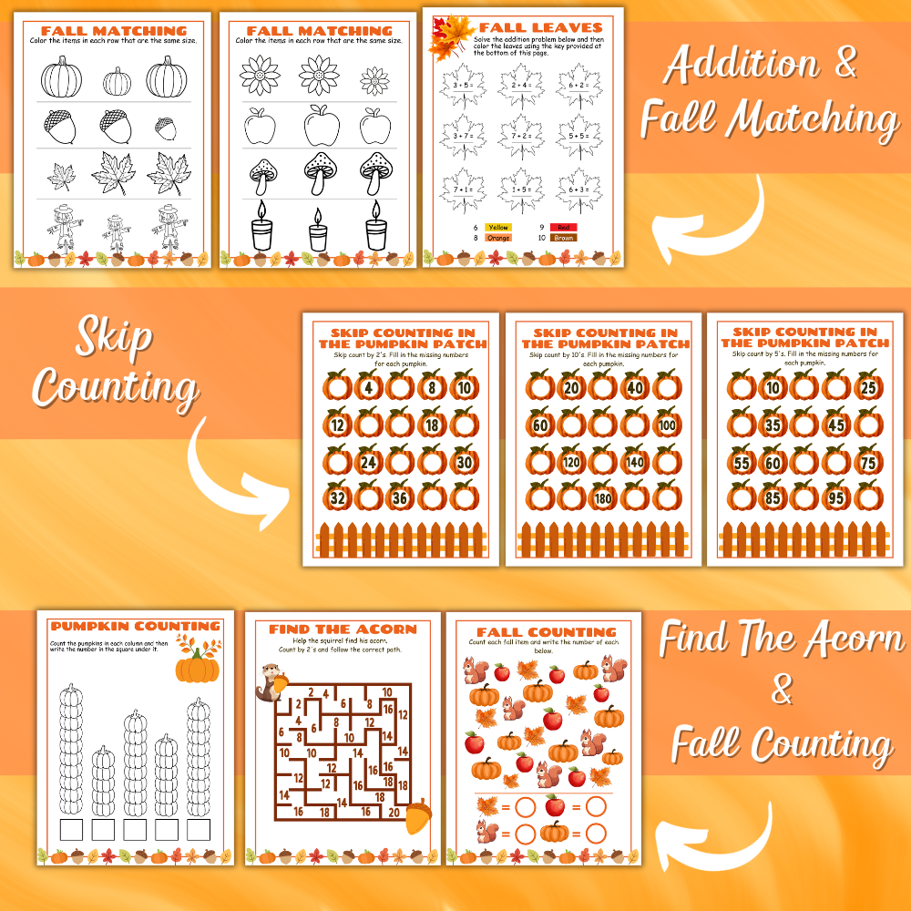 addition and fall matching printables for mom